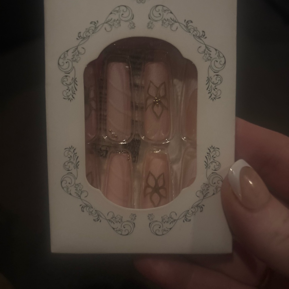 Peach Nude Press-On Nails with Gold Floral Accents and 3D design also French tip